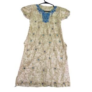 Vintage Indian Kurti Dress Women's Small Cream Blue Beaded Rhinestone Bollywood